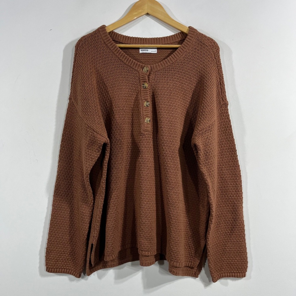 Sonoma Fisherman Granola 90s Brown Henley Sweater Cottagecore Womens Large Knit